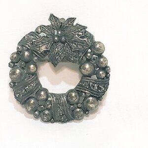 Christmas Ornament Wreath Poinsettia Brooch Pin 1.75" Silver tone